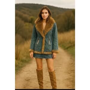 Vtg Mixit Penny Lane Coat Womens S Denim Faux Fur Y2K Quilted Lining Cabincore